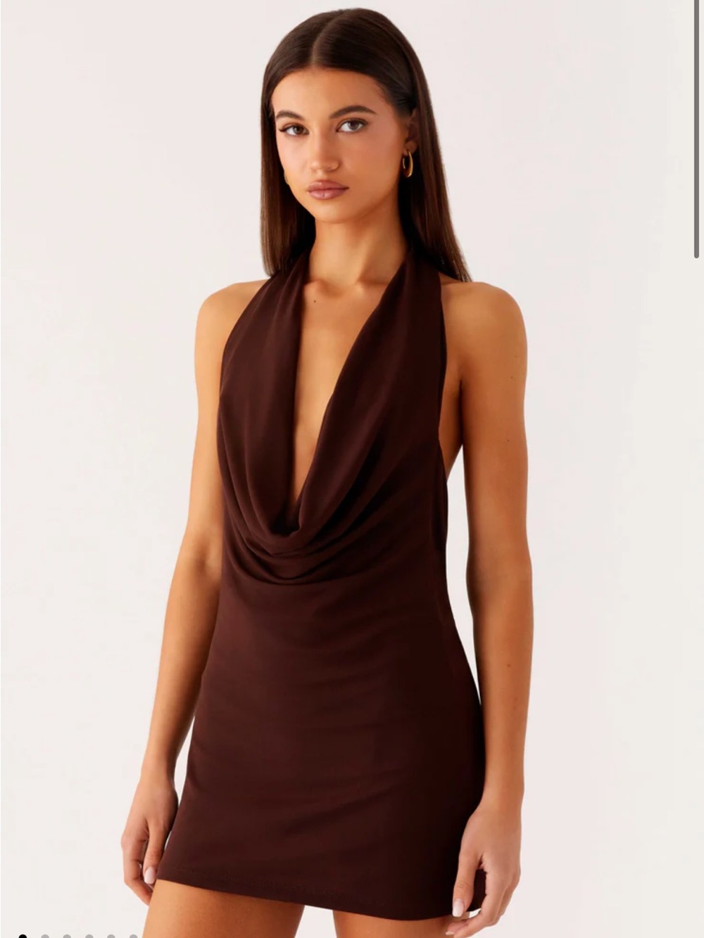 Brown Halter Cowl Neck Mini Dress
